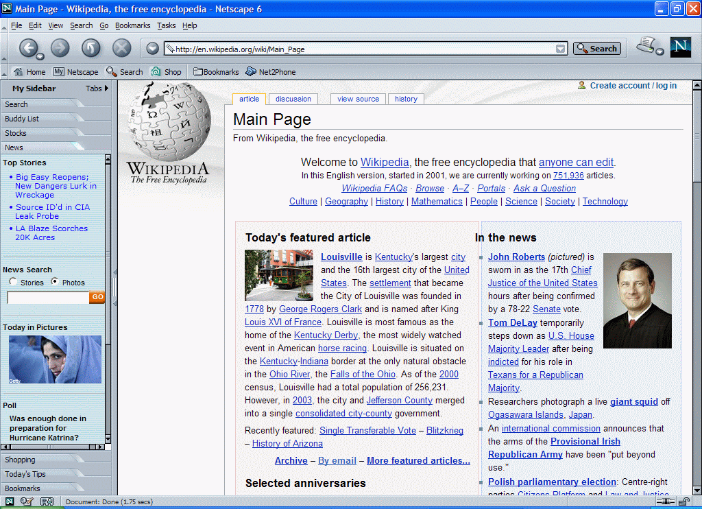 Netscape 6 for Windows showing Wikipedia (2000)